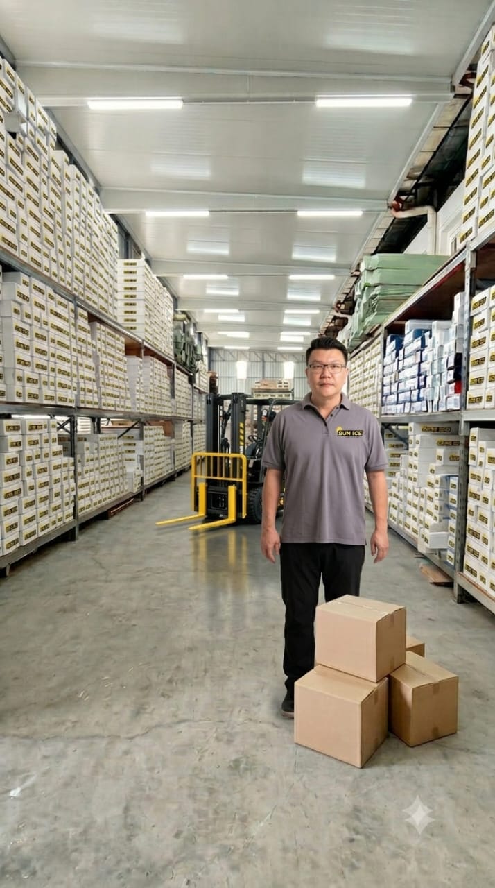 Warehouse worker stands in a long aisle, packages stacked on shelves left and right, forklift in the background.
